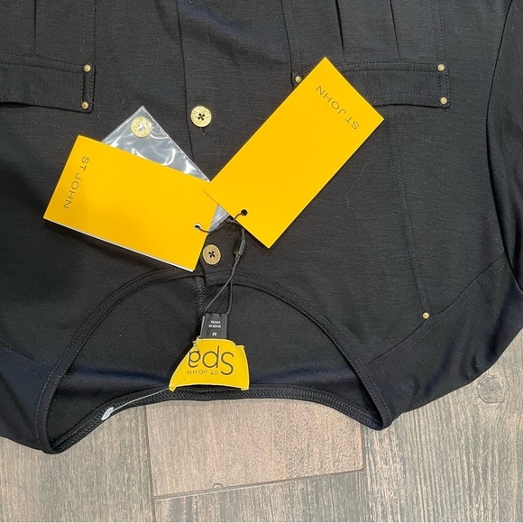 St. John Spa Black Jersey Button Roll Tab Sleeve Blouson Dress NWT $595 - Picture 9 of 10